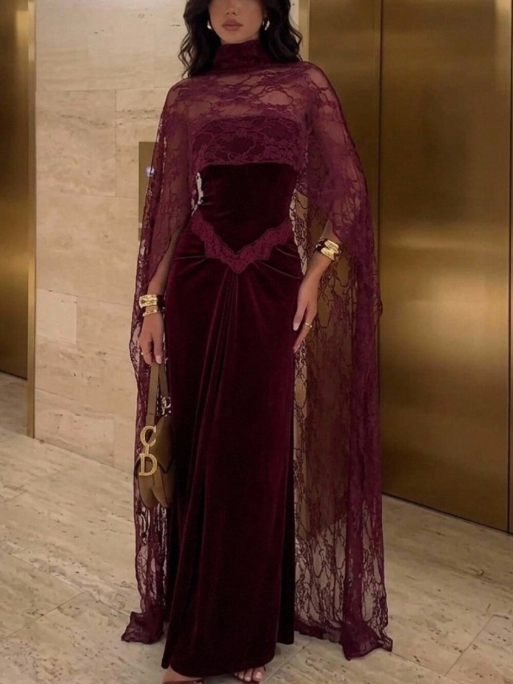Burgundy Party Women's Contrast Lace Ruched Sheer Cloak Sleeve Fitted Maxi Dress